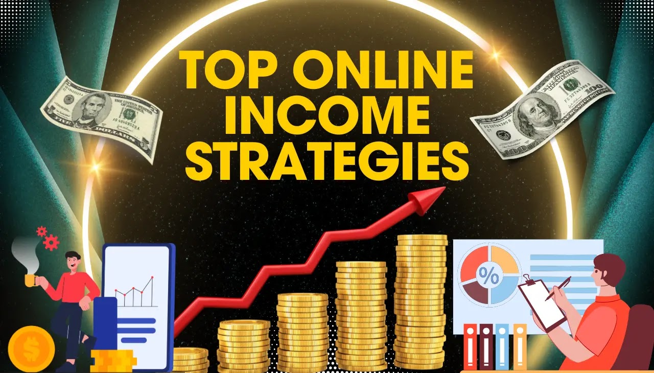 Chart outlining top online income strategies, including affiliate marketing, e-commerce, and freelancing for generating revenue