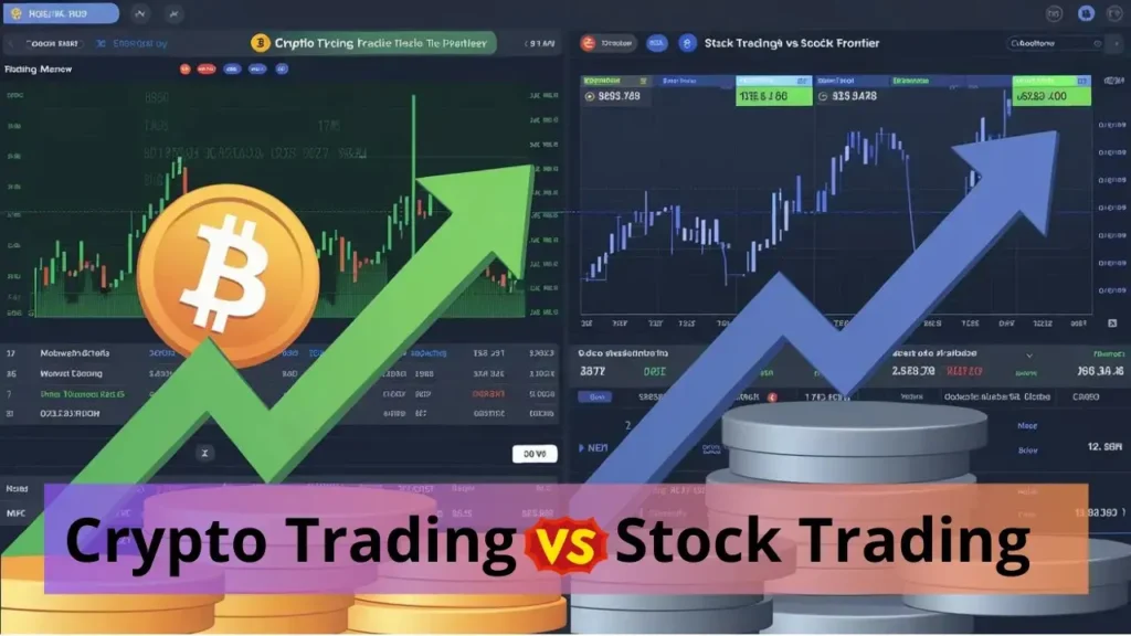 A side-by-side comparison of crypto trading vs stock trading, featuring charts, digital coins, and stock market icons