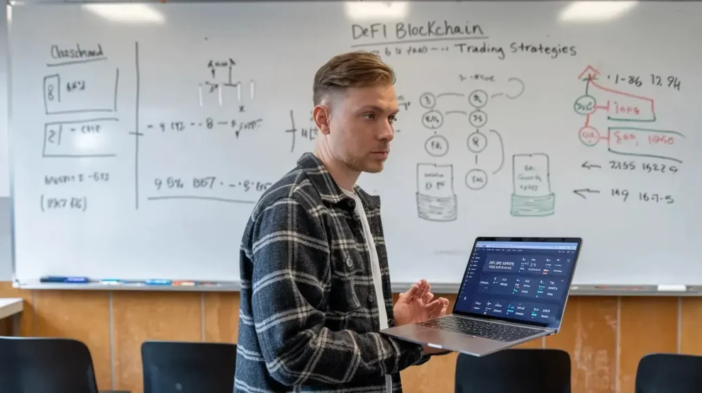 Graphical representation of DeFi blockchain trading strategies for maximizing investment returns.