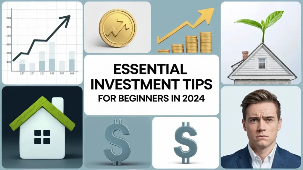 Infographic offering essential investment tips for beginners, covering topics like setting financial goals, understanding risk, and starting early