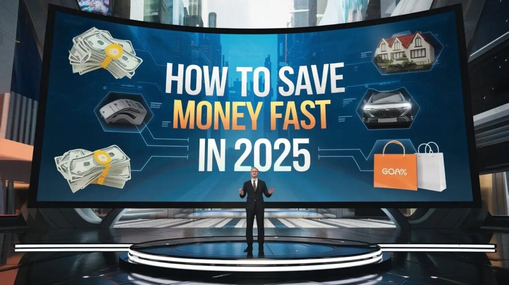 Learning how to save money fast in 2025: Illustration of a piggy bank with calendar showing 2025, highlighting fast money-saving tips.