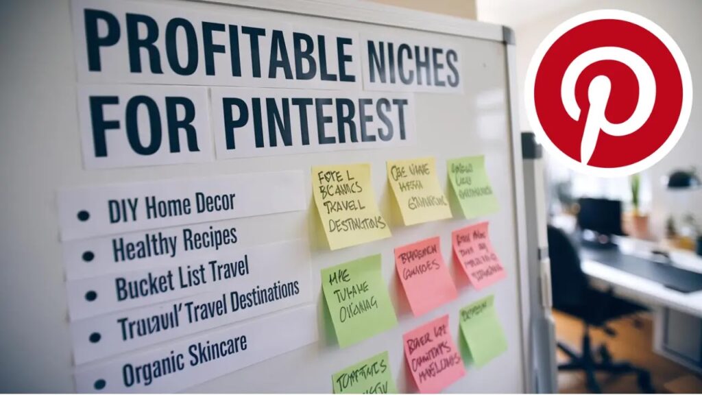 Infographic highlighting profitable niches for Pinterest, including health and fitness, personal finance, and home decor