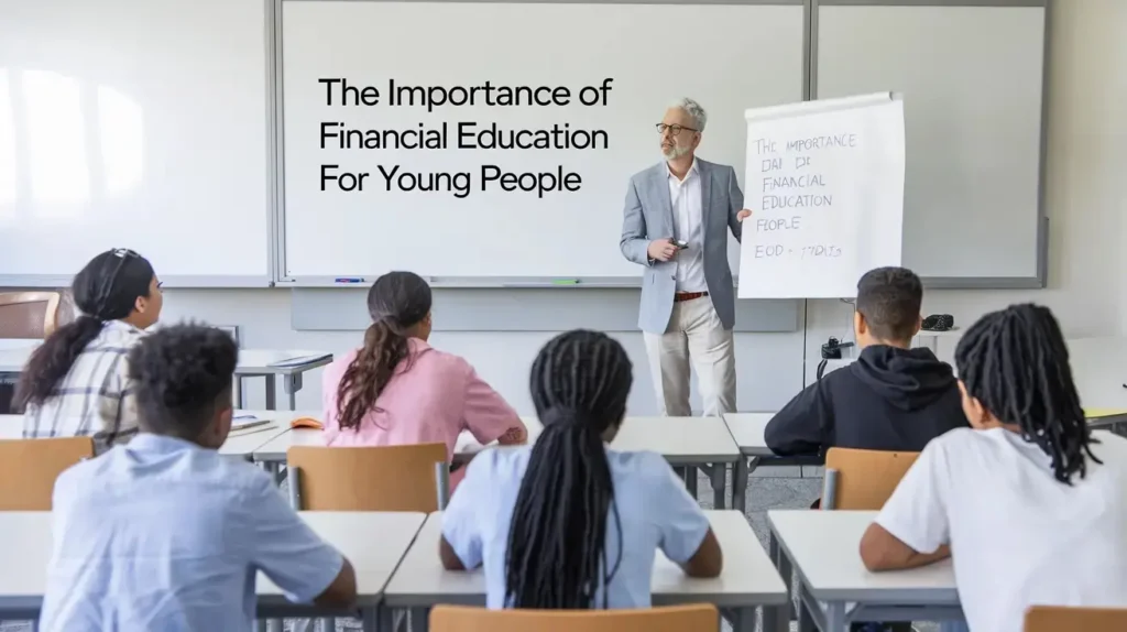 Financial Education For Young People: A diverse group of young people engaged in a financial education workshop, learning about budgeting, saving, and investing