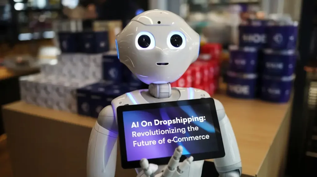 AI in Dropshipping: Automated product sourcing and order fulfillment on a laptop screen with a robot hand clicking the mouse.