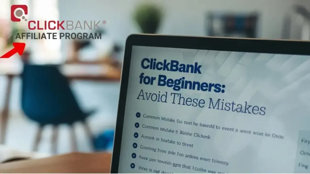 A screenshot of the ClickBank for Beginners online course, featuring a laptop displaying the course dashboard and a notebook with notes