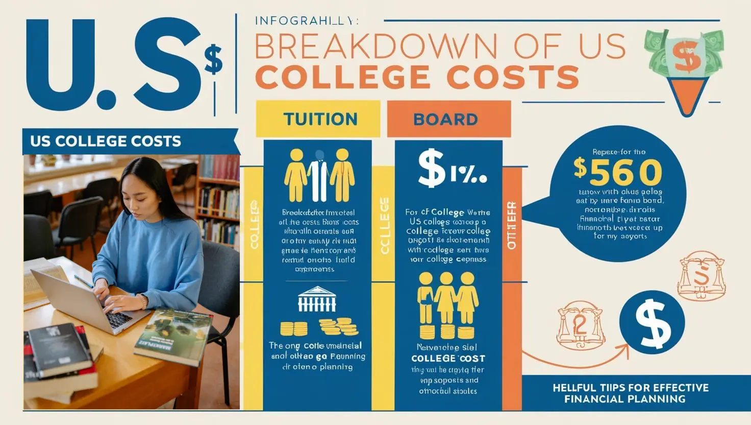 Graph showing average college costs in the US, including tuition, room and board, and other expenses