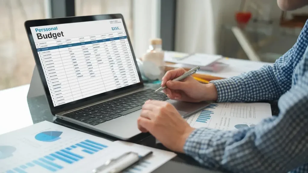 A detailed personal finance budget spreadsheet displayed on a computer screen, showcasing organized rows and columns with categories such as income, expenses, savings, and monthly balances.