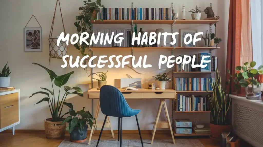 Morning Habits of Successful People: Illustration of successful people engaging in morning habits such as exercise, meditation, and planning.