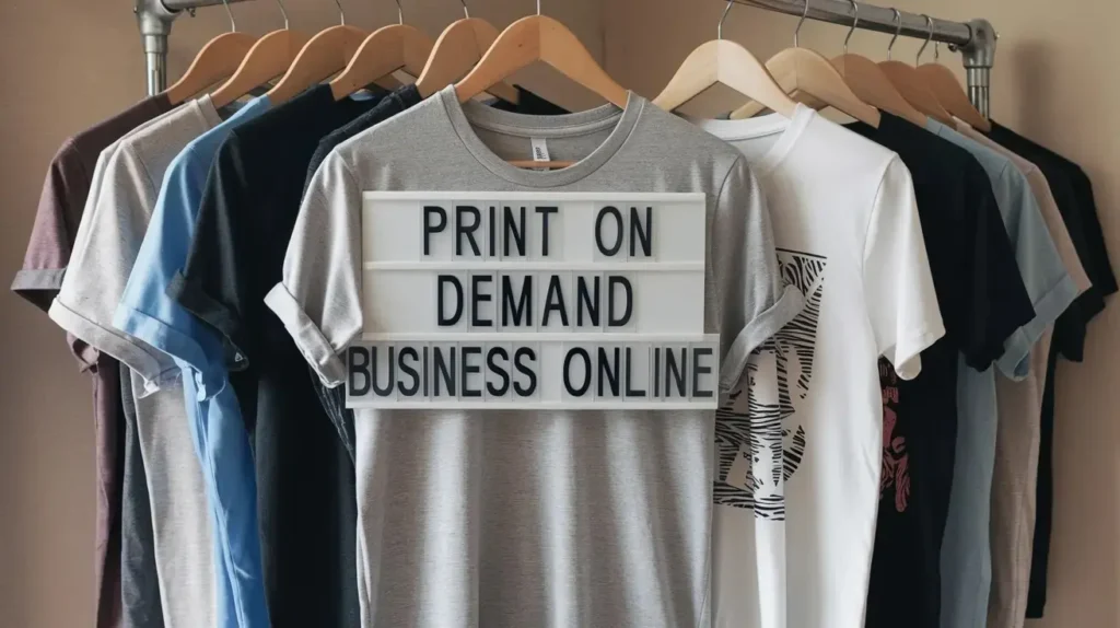 Infographic highlighting the print on demand business model, featuring key elements like custom printing, e-commerce integration, and on-demand production.