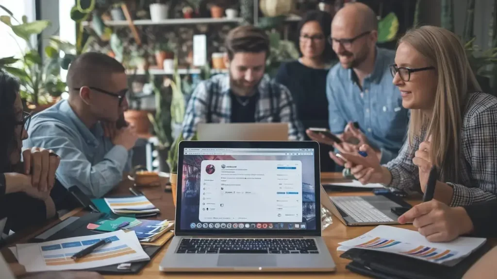 Social Media Consultants analyzing graphs on a laptop for strategic planning