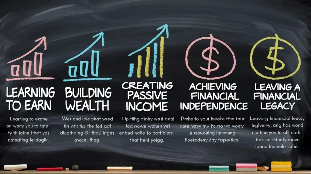 Infographic showing the financial stages of life: planning, wealth accumulation, and wealth preservation for long-term financial success.