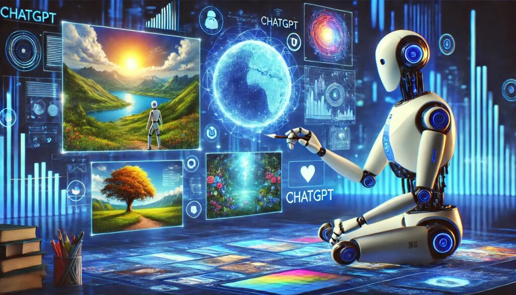 ChatGPT Generate Images: A futuristic robot interacts with a digital interface showcasing vibrant images, including nature scenes, a glowing Earth hologram, and creative visuals, symbolizing ChatGPT's image generation capabilities.