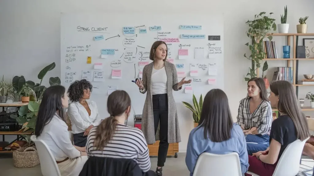 A group of women freelancers working on laptops in a co-working space.