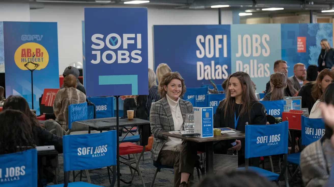 SoFi Jobs Dallas event banner featuring the SoFi logo, a vibrant cityscape of Dallas, and enthusiastic professionals networking and discussing career opportunities.